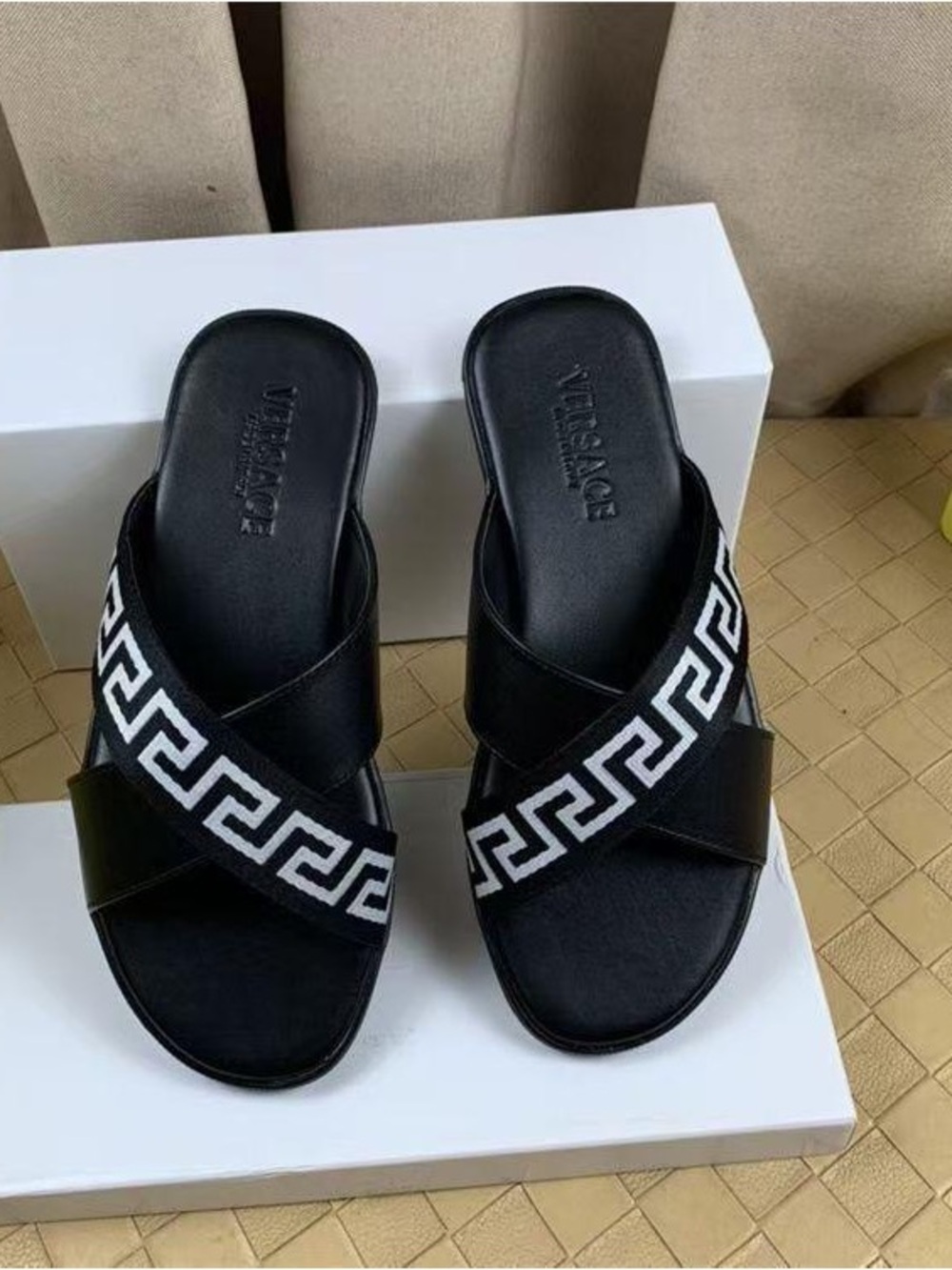 Versace Black Slides with White Greek Key Cross Straps